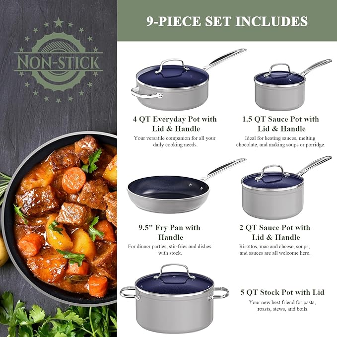 Nuwave 9pc Cookware Set Healthy Duralon Blue Ceramic Nonstick Coated Diamond Infused Scratch-Resistant PFAS Free Oven Safe Induction Ready &amp Evenly Heats Tempered Glass Lids &amp Stay-Cool H