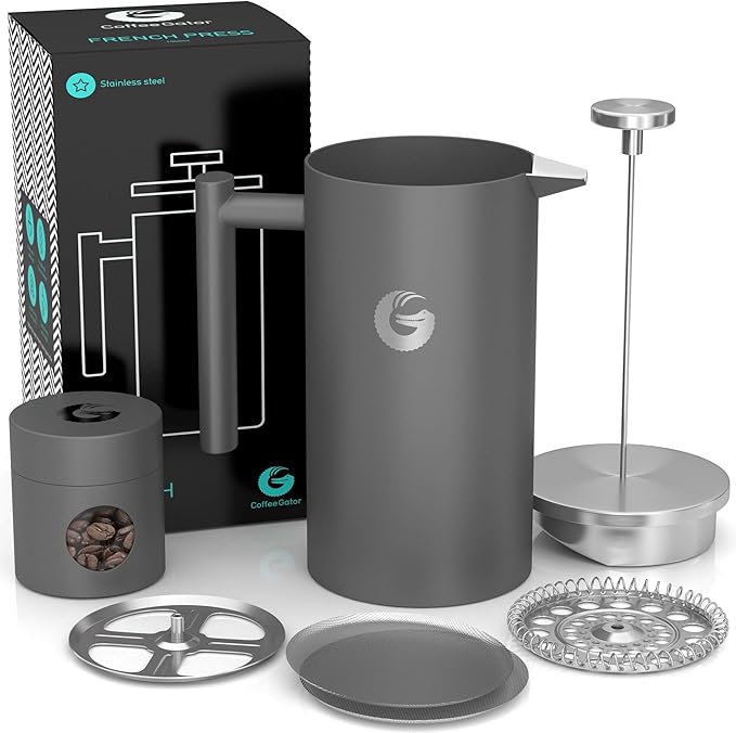 Coffee Gator 304 Grade Stainless Steel French Press Coffee Maker 34 oz Double Wall Insulated Hot Cold Brew Teapot with 4-Level Filtration System Include Travel Jar Canister Rust-Free Kitchen Gray