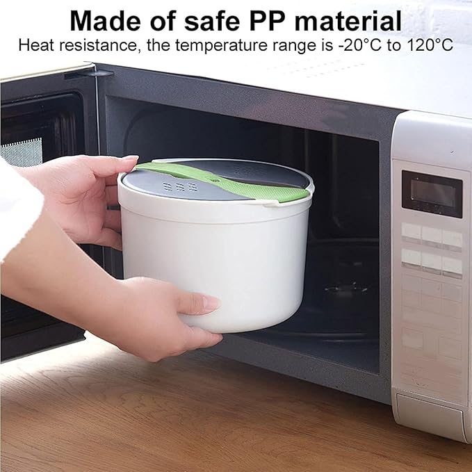 Microwave Rice Cooker 2-Layer Microwave Vegetable Steamer Non-Stick 2L Rice Steamer &amp Pasta Cooker with Strainer Dishwasher Safe Microwave Steamer for Pasta Potatoes Vegetables(Green)