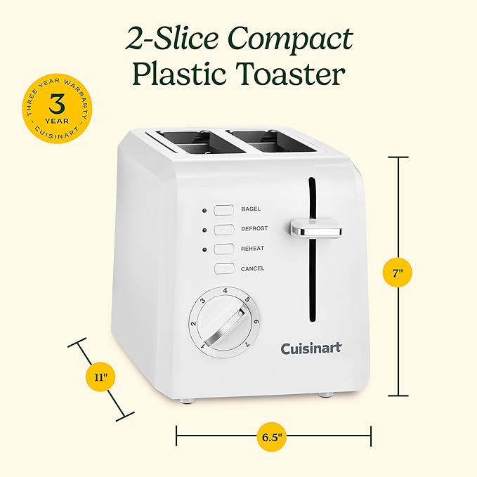 Cuisinart CPT-122 2-Slice Compact Plastic Toaster Slots for Bagels &amp Bread 7 Shade Settings Cancel/Defrost/Reheat Functions Removable Crumb Tray Small Kitchen Appliance for Home &amp Office