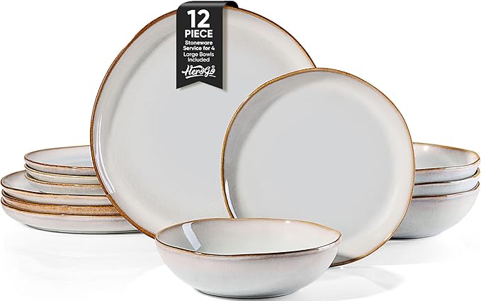 Herogo Stoneware Dinnerware Sets 12 Piece Dinner Dishes Set for 4 Ceramic Plates and Bowls Dishware Tableware Includes Dinner Salad Plates Soup Bowls Microwave &amp Dishwasher Safe Pearl White