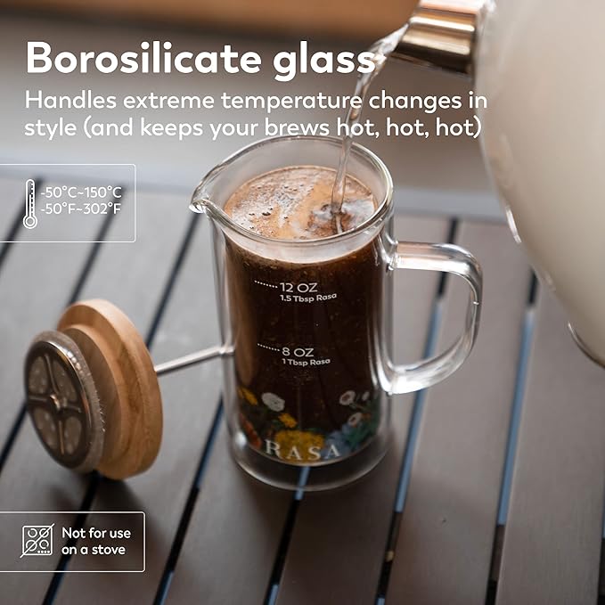 Rasa 350ml French Press Coffee Maker | Heat Resistant Double-Walled Borosilicate Glass | BPA Free | 100% Plastic-Free