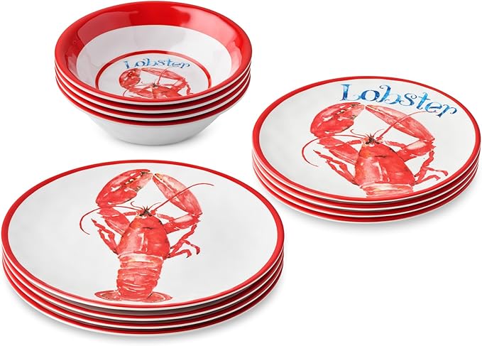 Beach House Lobster 12-Piece Melamine Dinnerware Set – Bold Coastal Charm Service for 4 Durable Lightweight and Dishwasher-Safe