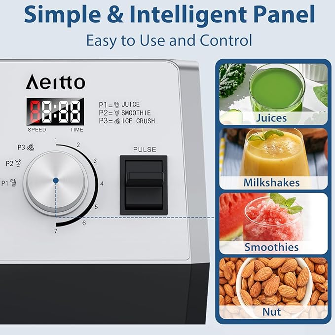 Aeitto Blenders for Kitchen with 68Oz. Large Capacity 1800W Max Power Smoothie Blender 3 Preset Programs &amp 7 Speeds Professional Countertop Blender for Smoothies Ice Crush Generation2 Silver