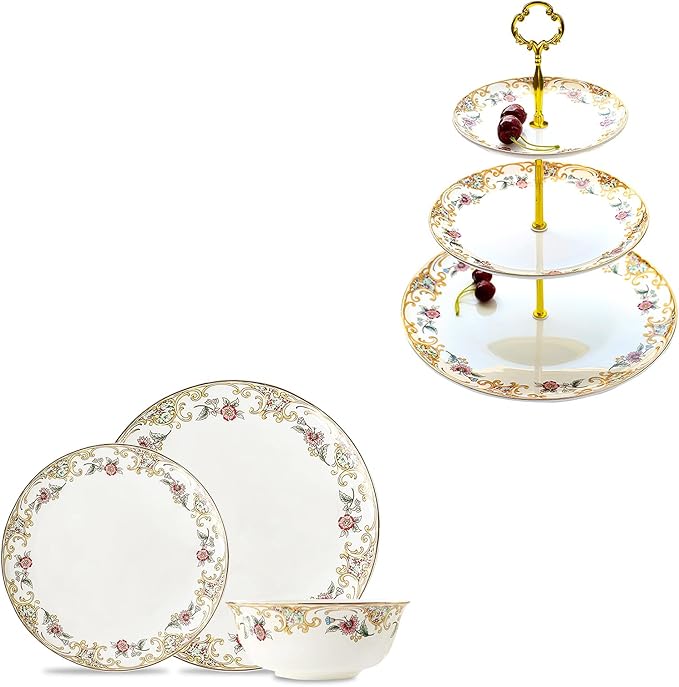 ACMLIFE Bone China Dinnerware Set and 3-Tier Serving Stand Porcelain Cupcake Stand 3-Tier Tray Stand