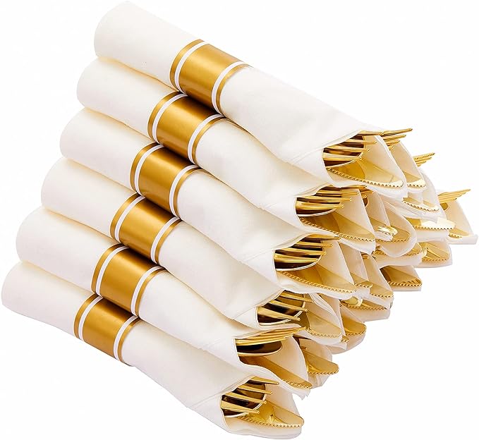 N9R 30 Pack Pre Rolled Gold Plastic Cutlery Set Wrapped Plastic Silverware Set with 30 Forks 30 Knives 30 Spoons and 30 Napkins Disposable Cutlery Set for Party and Wedding