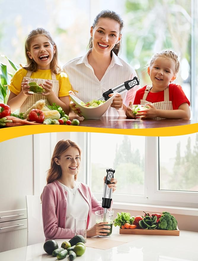 Handor 6-in-1 Hand Immersion Blender 1000W 12 Speed Handheld Blender with 600ml Beaker 500ml Chopper Egg Whisk Milk Frother Stainless Steel Blades for Soup Smoothie Puree