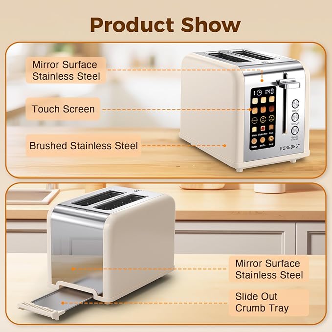 2 Slice Easy Touch Screen Toaster Stainless Steel Toaster with Wide Slots Even Toasting for Bagels &amp Bread Reheat &amp Defrost Removable Crumb Tray Cream Color
