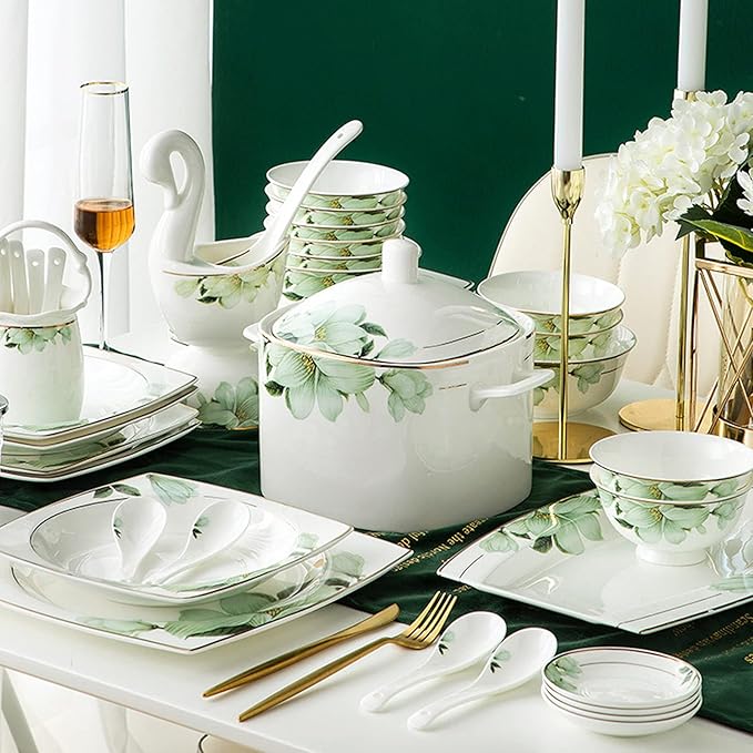 Dinner Sets for 10Bone China Porcelain Dinner SetJingdezhen Flowers Pattern Tableware Set Bowls and Plates-56 Pcs (Style 2)