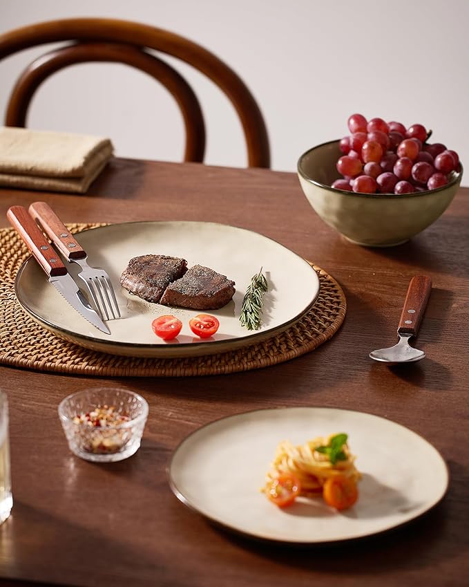 Famiware Dinnerware Sets for 4 Ocean Round 12-Piece Kitchen Plates and Bowls Sets Microwave and Dishwasher Safe Scratch Resistant Light khaki