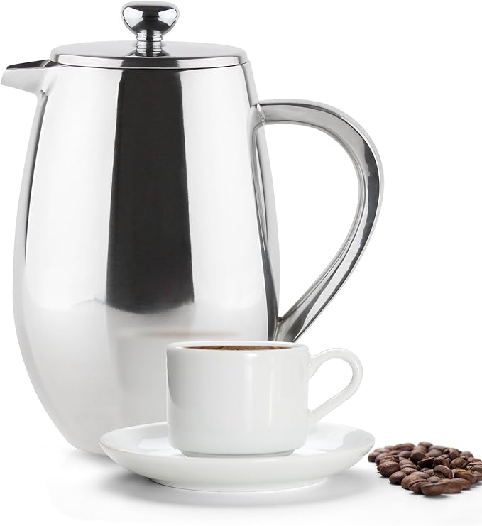 Café Ole BFD-06 6 Cup Double Walled Bellied Cafetiere French Press Coffee Maker Mirror 0.8 Litre Stainless Steel