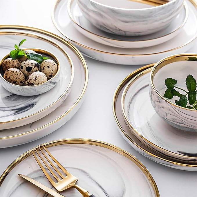 7-Piece d Edged Marble Dinnerware Set - Compact Kitchen T for 2 with Round Ceramic Plates and Sauce Bowls