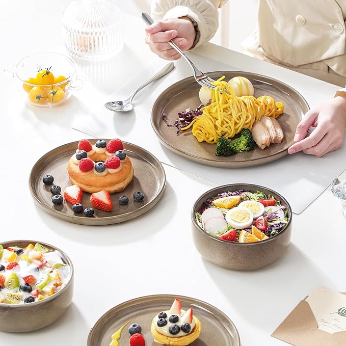 vancasso PLAYA Plates and Bowls Sets 24 Pieces Dark Brown Dinnerware Sets for Kitchen Reactive Glaze Dishes Set for 8 Dishwasher and Microwave Safe