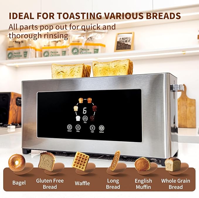 Touch Screen Toaster with LCD Display Slim Toaster 2 Slice - Long 10 Slot for Baguettes &amp Extra Wide 1.6 Slot 6 Browning Levels 1200W Space Saving