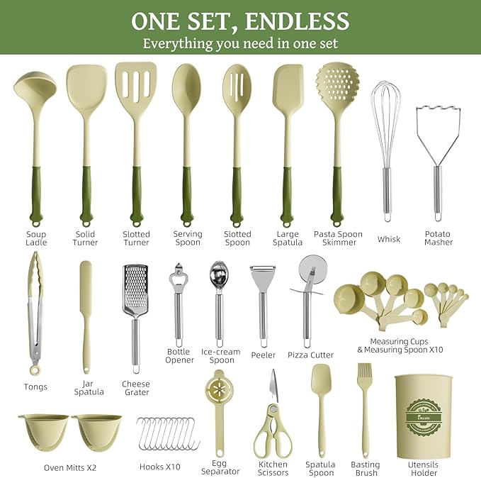 Kikcoin 43Pcs Kitchen Utensils Set - Silicone Cooking Utensil Set Dishwasher Safe Spatula for Non-stick Cookware 446°F Heat Resistant Kitchen Gadgets with Holder BPA Free Avocado Green