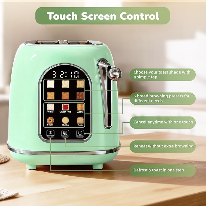 Mecity Toaster 2 Slice Touch Screen Wide Slot Retro Toaster For Breads Bagel Muffin Waffle House Warming Gift New Home 120V 825W Light Green