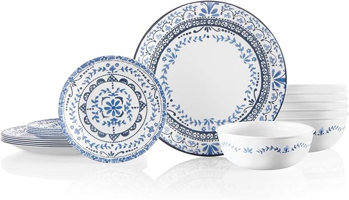 Corelle Portofino Round Dinnerware Set for 6 | Service for 6 18 Piece Set | Triple Layer Strong Glass is Resistant to Chips and Cracks &amp White Meal Bowls for Pasta Salad and More | 4 Pack 46 O