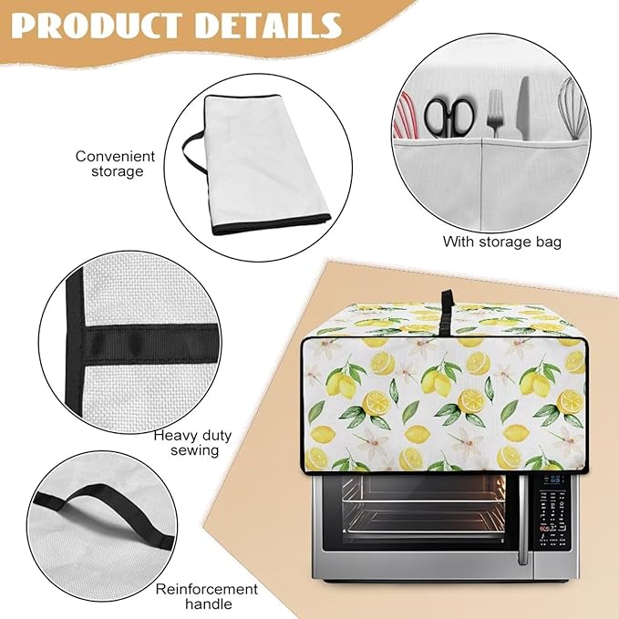 Toaster Oven Dust Cover with Accessory Pockets Neat Storage and Protection with Organizing Side Pockets for Kitchen Toaster Oven Appliances Decor Lemon Leaves