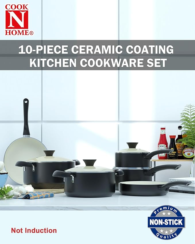 Cook N Home Pots And Pans Set Nonstick 10 Piece Ceramic Cookware Sets Kitchen Non Stick Cooking Set With Saucepans Frying Pans Dutch Oven Pot With Lids Black