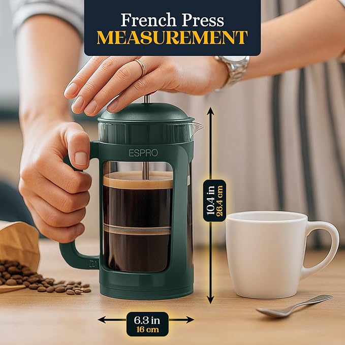 ESPRO P3 French Press Coffee Maker – Patented Double Micro-Filter for Grit-Free Brew Heat Resistant Thicker Borosilicate Glass Coffee Press – Green (32 oz)