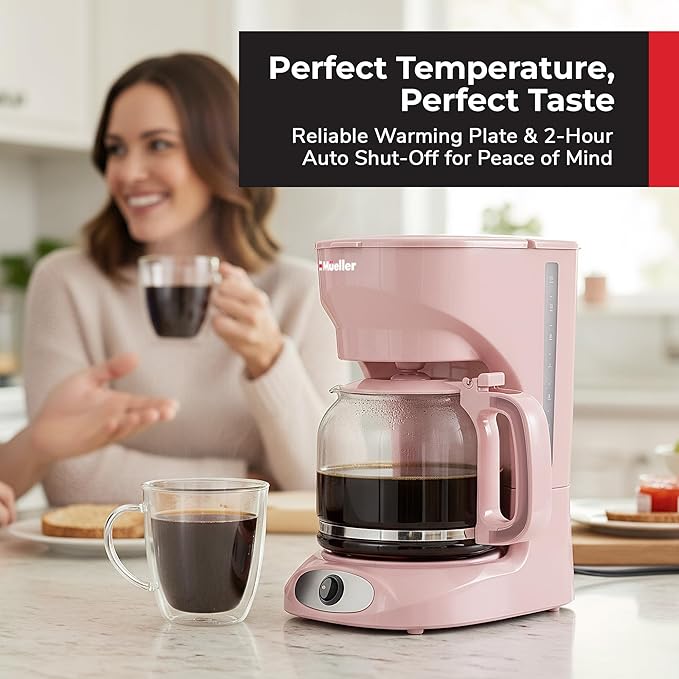 MUELLER HOME 12-Cup Pink Coffee Maker - Borosilicate Carafe Auto-Off Pink Kitchen Accessories Reusable Filter Anti-Drip Kitchen Appliances Keep-Warm Function