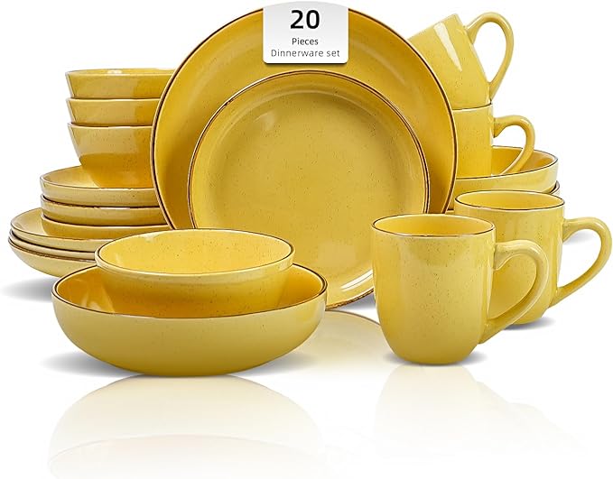 HomeVSS 20-Piece Dinnerware Set - Serves 4 Bright Glaze Yellow plates and bowls sets with Speckle Effect for Microwave &amp Dishwasher Safe