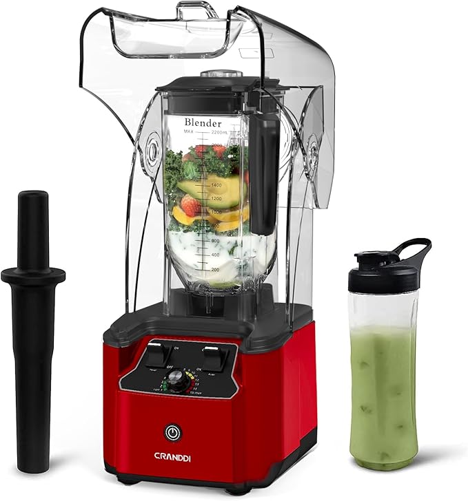 CRANDDI Commercial Quiet Blender 2200 Watt Professional Countertop Blender with 80oz Pitcher Built-in Pulse &amp 15-speeds Control Smoothie Blender for Commercial and Home K90 Red