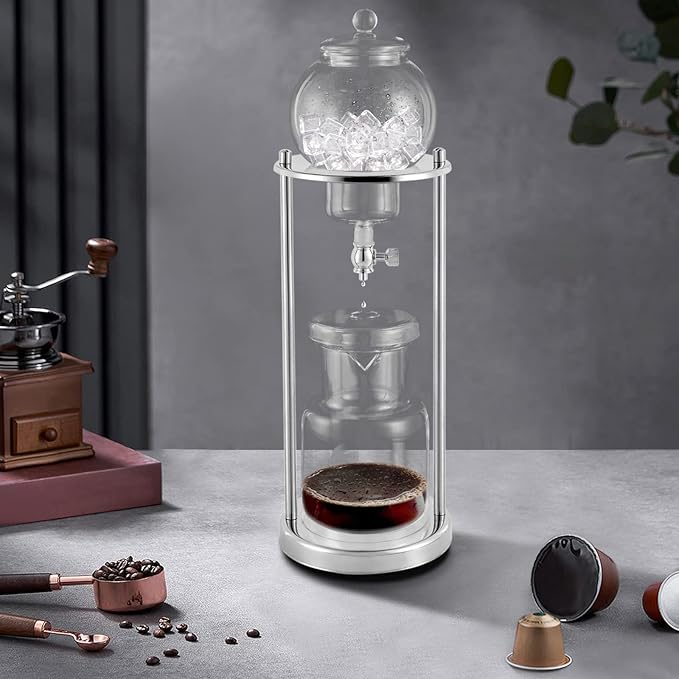 Metal Cold Brew Drip Tower Clear+Silver Ice Cold Drip Tower 6-8 Cups 600ml -20-150°C Temperature Range With Slow Drip TechnologyIBamboo Straight Frame for Home Office Drip Coffee Maker