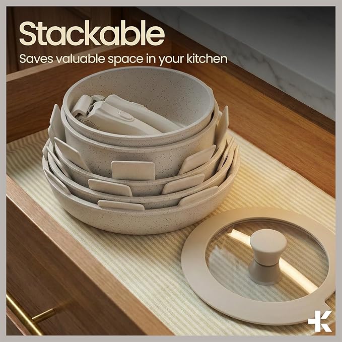 Bakken 15-Piece Non-Stick Cookware Set with Detachable Handles – Granite Stackable Pots and Pans Set Dishwasher Safe Oven-Safe and Compatible Kitchen Essential for All Stoves – Cream