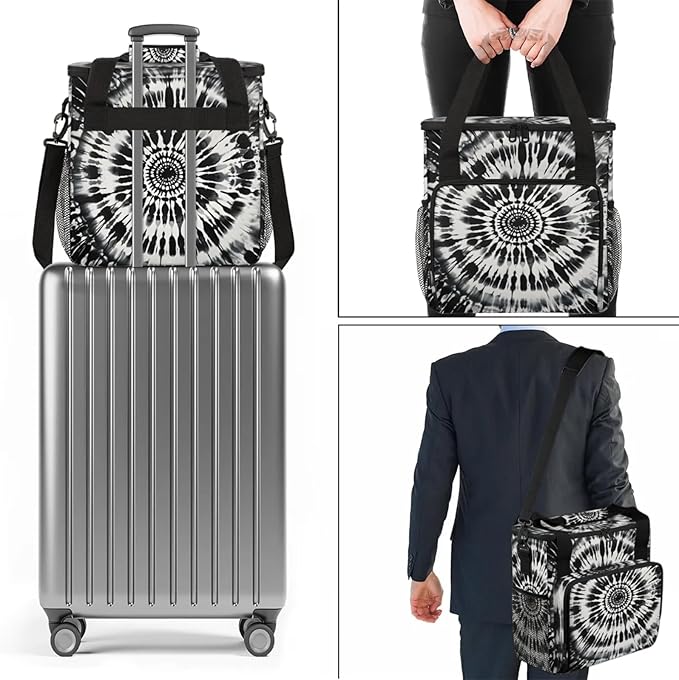 Black Tie Dye Coffee Maker Travel Bag for Keurig K-Mini/K-Mini Plus Insulated Waterproof Tote with Pockets for K-Cup Portable Single-Serve Brewer Case