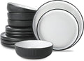 Christian Siriano Laro 12-Piece Stoneware Dinnerware Set Plates and Bowls Set Microwave and Dishwasher Safe Dish Set for 4 Black