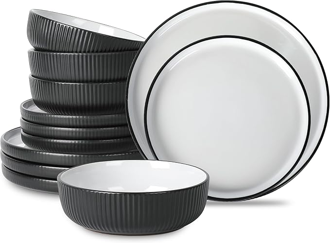 Christian Siriano Laro 12-Piece Stoneware Dinnerware Set Plates and Bowls Set Microwave and Dishwasher Safe Dish Set for 4 Black