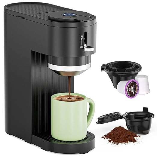 COWSAR Single Serve Coffee Maker Two Holders for Capsule &amp Ground Adjustable Funnel Height Brew 6oz to 14oz One-Touch Switch Security protection Easy to Clean Commercial Ideal for Home/Offi