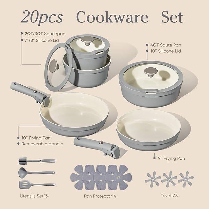 Carote 20pcs Ceramic Cookware Set with Detachable Handles Pots and Pans Set Non Stick RV Kitchen Cooking Pot and Pan Dishwasher Safe Non-toxic Induction Cookware PFAS and PFOA Free Grey