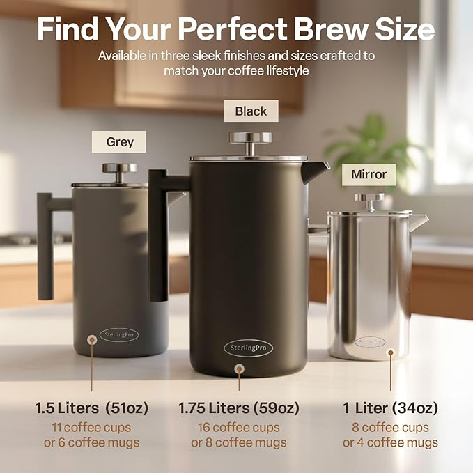 Stainless Steel French Press Coffee Maker 1 L (34 oz) Mirror – Double Walled Insulated Large Coffee Press Durable Design Keeps Drinks Hot Easy to Use and Clean for Rich Flavor Brewing