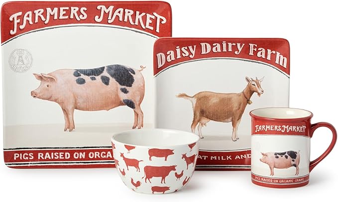 Vintage Farm 16-Piece Dinnerware Set Includes 10.5-Inch Dinner Plates 8.5-Inch Salad Plates 16-Oz Mugs &amp 5.25-Inch Bowls Farm Animal Design with Red Accents Rustic &amp Dishwasher Safe
