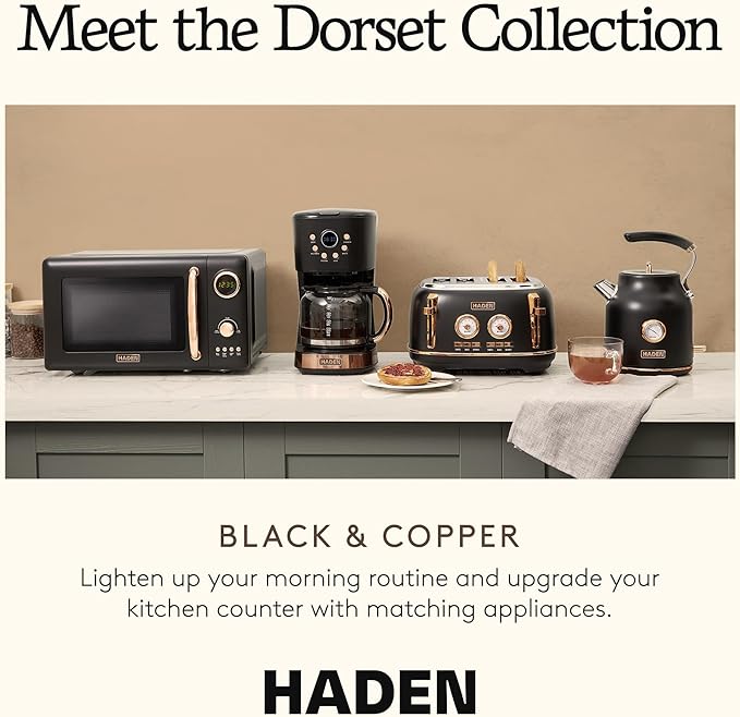 Haden Dorset 4 Slice Wide Slot Stainless Steel Toaster Bundled with 12 Cup Programmable Drip Coffee Maker Coffee Machine Black &amp Copper