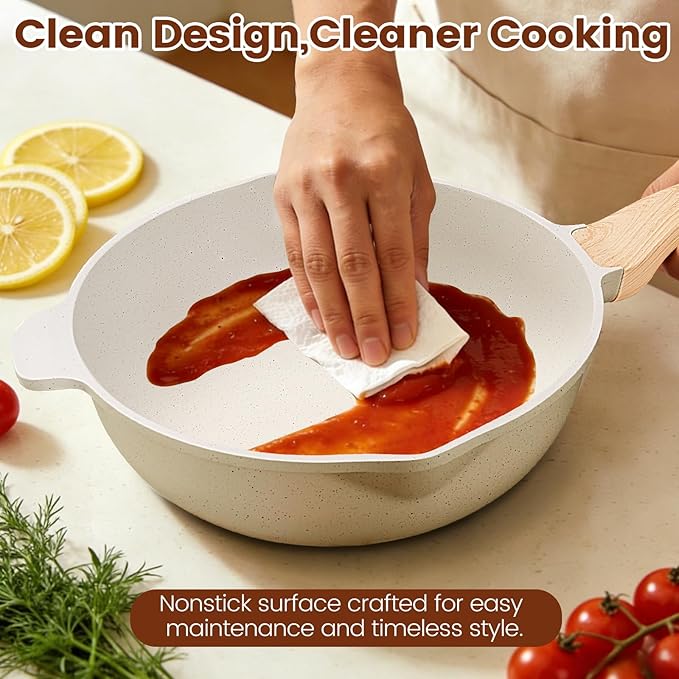 AOSION 27PCS Pots and Pans Set Nonstick Ceramic Cookware Set Healthy Kitchen Cooking Set with Gloves Apron Silicone Tools &amp Pot Protectors Oven &amp Dishwasher Safe PFOA/PFOS FreeIvory