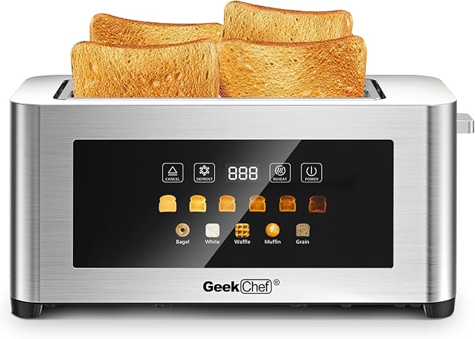 Geek Chef Toaster 4 Slice Long Slots 1.5 Extra Wide Slots for Bagels &amp Waffles TouchScreen 6 Browning Levels Timer Defrost Cancel Function Auto Shut-Off Removable Crumb Tray Stainless St