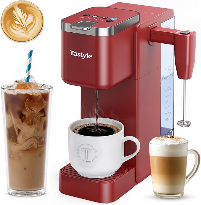 Single Serve Coffee Maker with Built-in Detachable Milk Frother Iced and Hot Coffee Machine for K Cup &amp Grounds 40oz Removable Water Reservoir 6 Cup Sizes Fits 7.3 Travel Mug Red