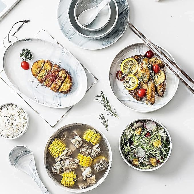 Dinnerware Sets Dish Set Ceramic Dinnerware Sets Ins Nordic Creative Plate and Bowl Set Marble Pattern Kitchen Kitchen Plate Set Dishwasher Microwave Safe51Pcs