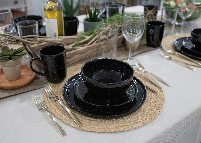 Elanze Designs Shiny Speckled Western Country Style Ceramic Plates Bowls Mugs Dinnerware 16 Piece Set - Service for 4 Black