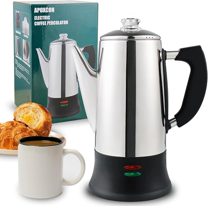 Electric Coffee Percolator Stainless Steel Coffee Maker with Two Heat Resistant Tough Glass Clear Brew Progress Knob Classic Look Keep Warm &amp Cordless Serving Coffee Pot 12 Cup