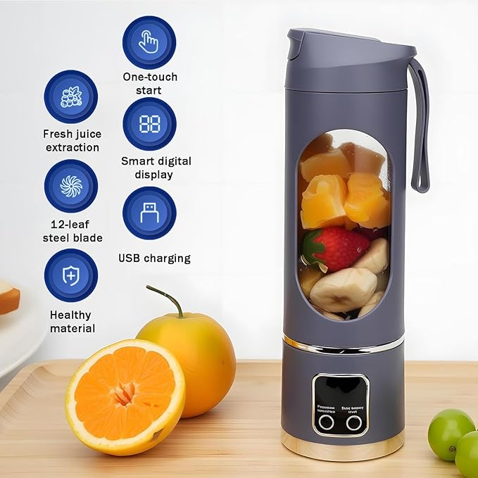 Portable Blender with 3 Speeds 450ml Personal Juicer with Dual 1500mAh Batteries and 12 Blades for Smoothies Juicing Ice Crushing Travel and Gym Use