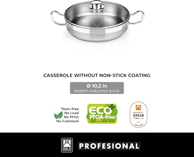 BRA COOKWARE Profesional 8-Piece Stainless Steel Cookware Set | Professional Pots &amp Pans Set | Kitchen Set w/ 2 Pots 1 Sauté Pan 2 Frying Pans 3 Lids | All Heat Sources Compatible | PFOA Free
