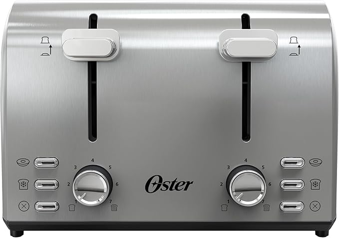 Oster 4 Slice Toaster With 7 Browning Settings Extra Wide Slots For Bagels and Special Breads Removable Easy-to-Clean Crumb Tray Cancel/Defrost/Bagel Stainless Steel