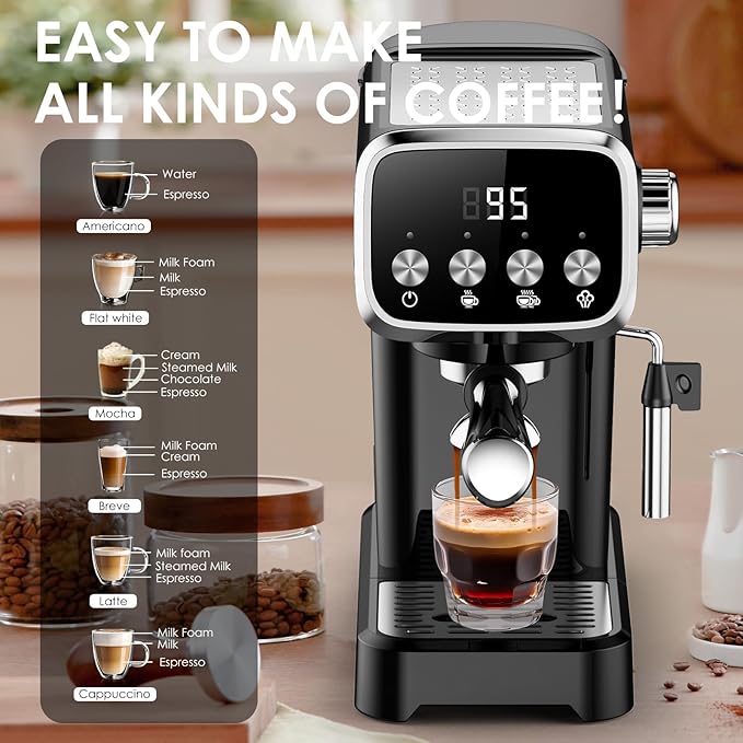 Slim Design 20 Bar Espresso Machine with Milk Frother Digital Temperature Display &amp 43oz Removable Tank Compact Home Coffee Maker (Buttons)