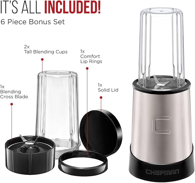 Chefman Personal Ultimate Kitchen Blender Quick Portable Blending of Shakes Smoothies Baby Food &amp Juice 2 Travel Cups Cover &amp Drinking Rim 6-Piece Set Dishwasher-Safe Stainless-Steel Bl