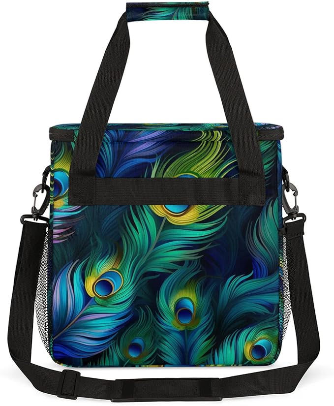 Peacock Feather Travel Coffee Maker Carrying Bag Large Organizer Storage Tote Bag Insulated Reusable Cooler Grocery Bags