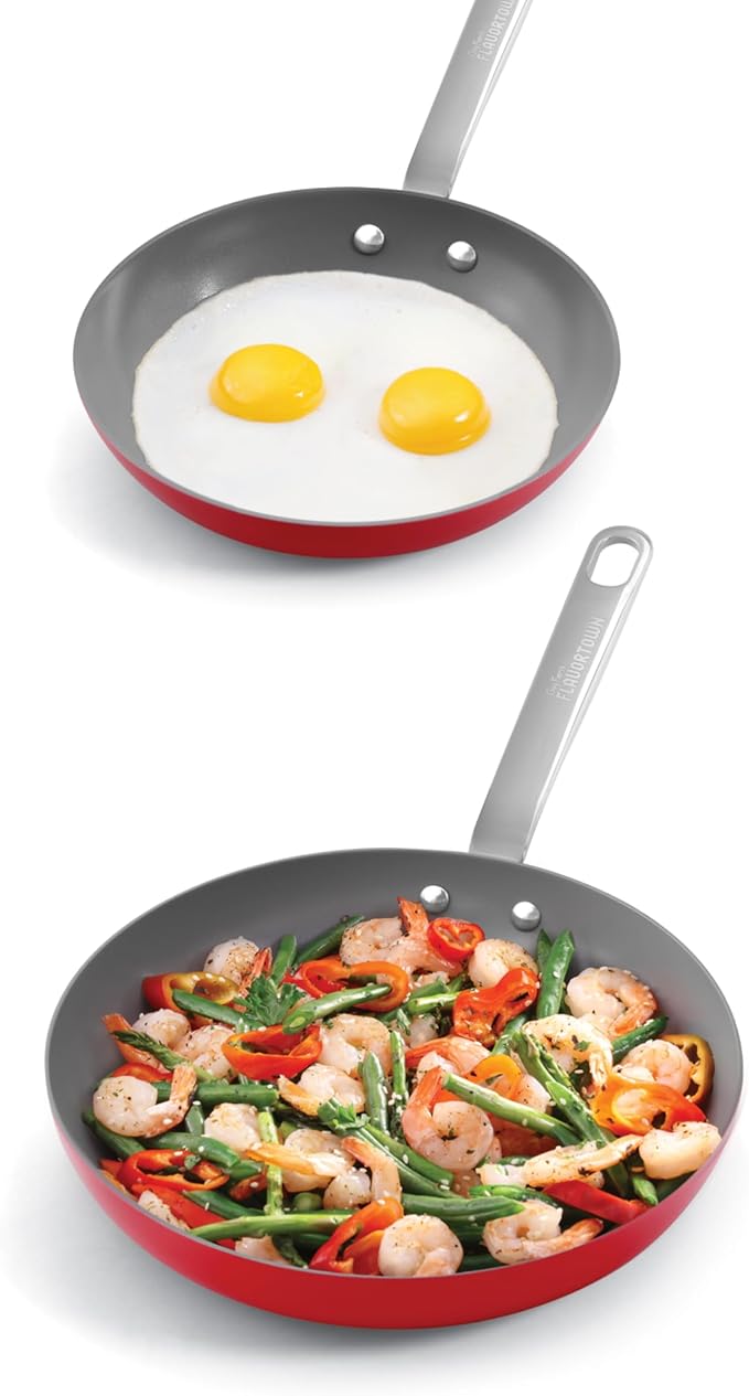 Guy Fieri's Flavortown 2-Piece Ceramic Cookware Set Nonstick Frying Pan Set 10 and 12 Kitchen Cookware Made without PFAS PTFE PFOA Oven and Dishwasher Safe Easy to Clean Everyday Cookware Red